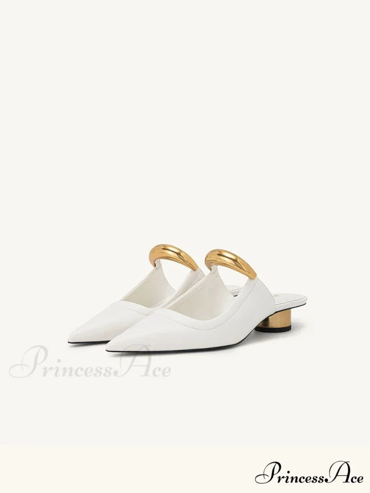 Punk Gothic Metal Buckle Low Heels Pointed Thick Heeled Platform Low Heel Pump WHITE / 35