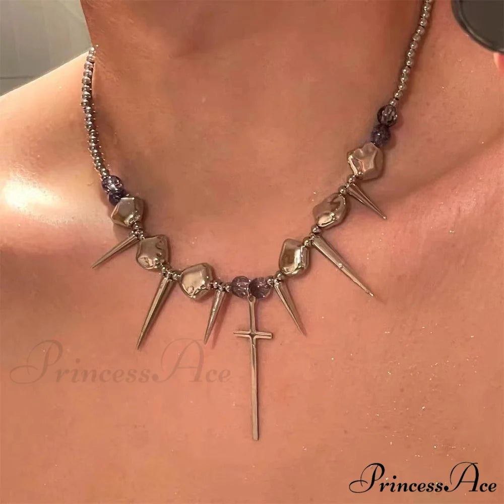 Punk Rivet Cross Titanium Steel Hip-hop Sweet Cool Tassel Necklace GOLD