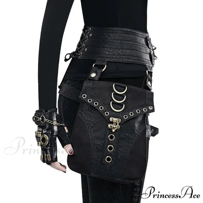 Punk Rivet Skull Retro Rock Gothic Hip Hop Rivet Leg Thigh Waist Bag Black