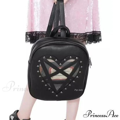 Punk Rock Black PU Leather Hollow Out Pentacle Heart Gothic Cosplay Bag Black / 33cm 28cm 7cm