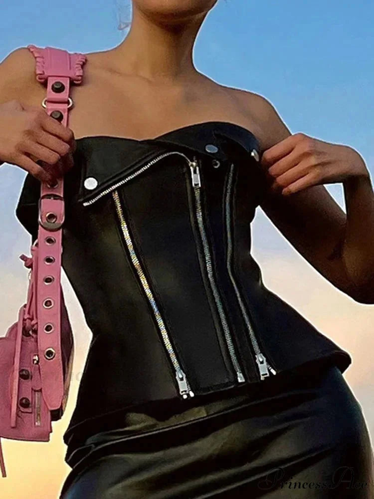 Punk Zipper Fashion Black Goth PU Leather Crop Top Black / S