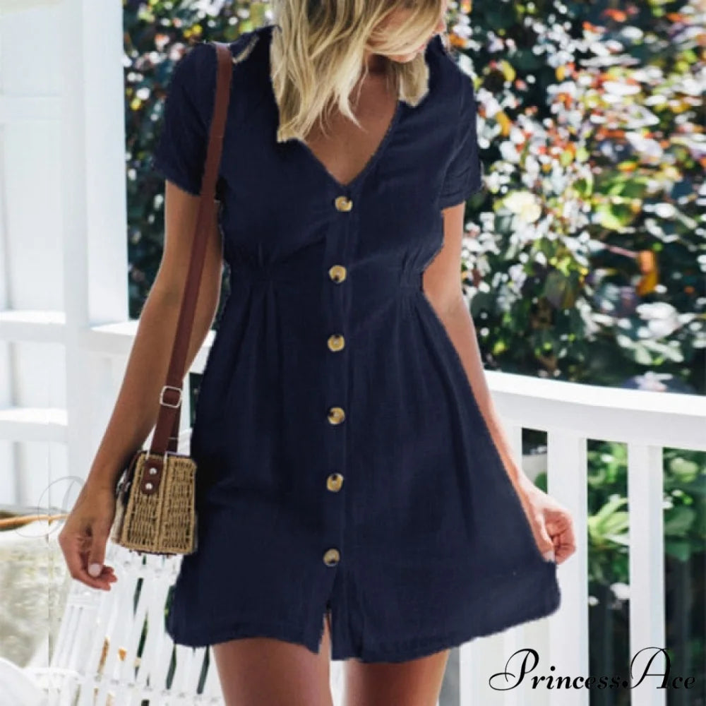 Pure Color Single Row Buttons V-Neck Dress Navy Blue / S