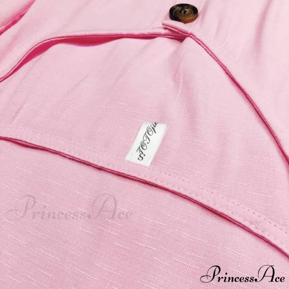 Pure Color Single Row Buttons V-Neck Dress Pink / S