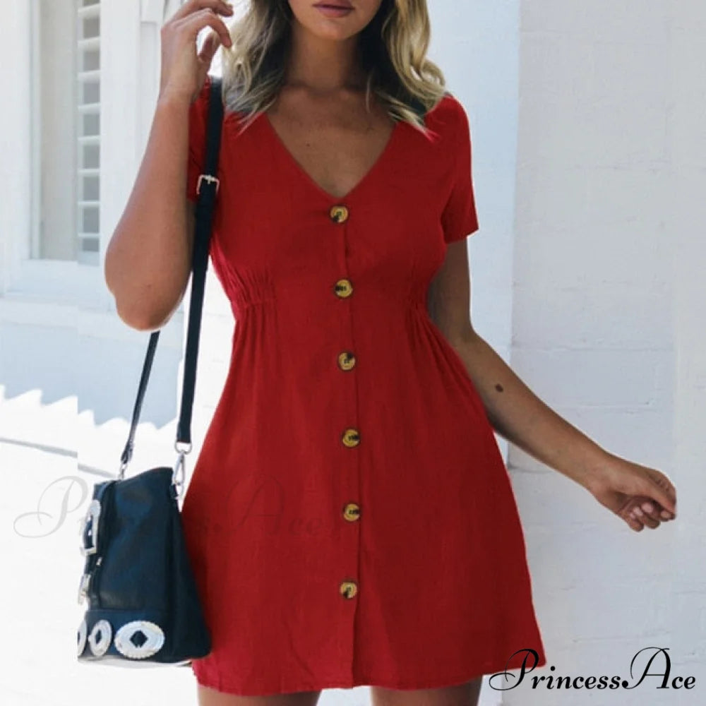Pure Color Single Row Buttons V-Neck Dress Red / S