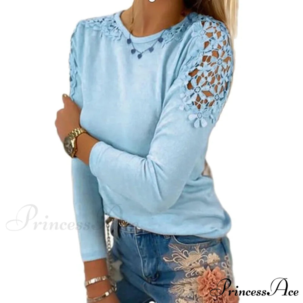 Pure Color Slim Lace Patchwork T-Shirt Blue / S