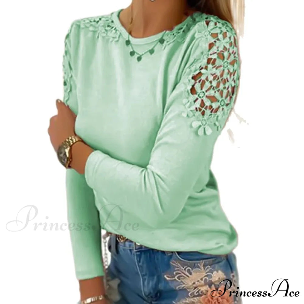 Pure Color Slim Lace Patchwork T-Shirt Green / S