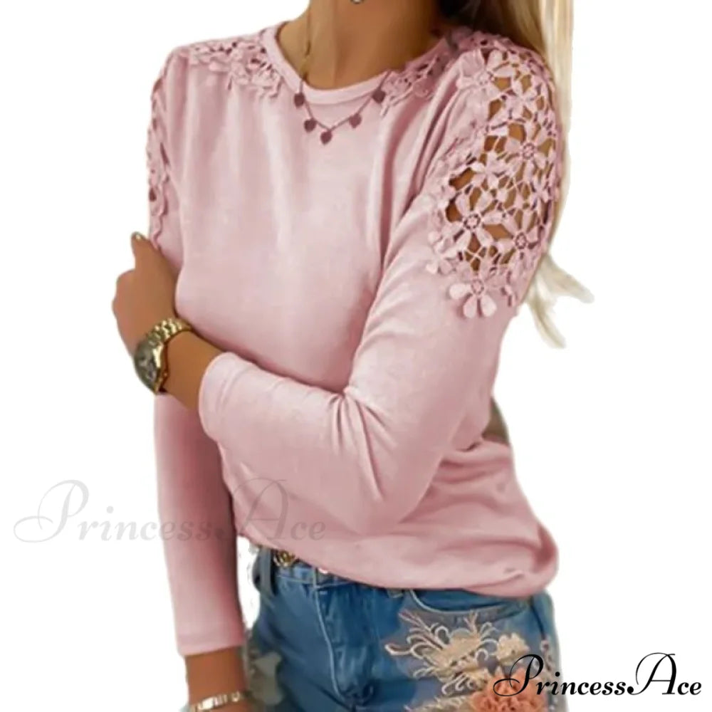 Pure Color Slim Lace Patchwork T-Shirt Pink / S