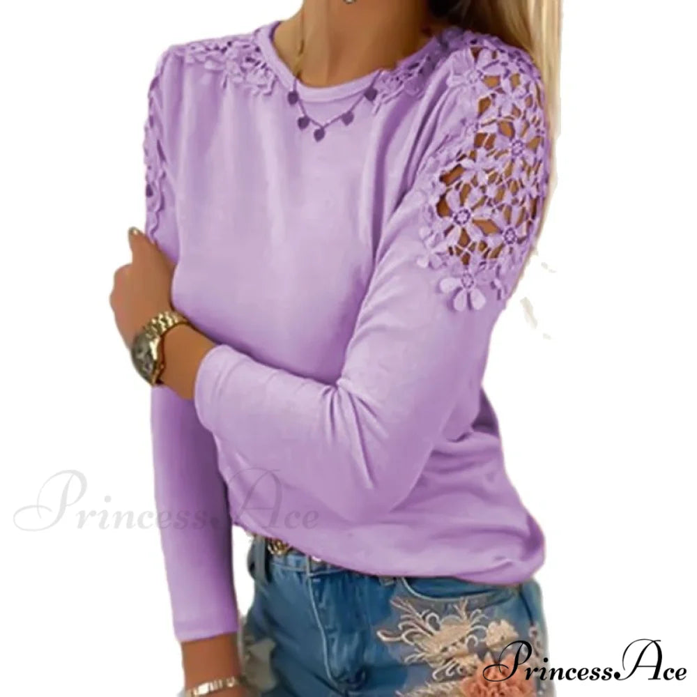Pure Color Slim Lace Patchwork T-Shirt purple / S
