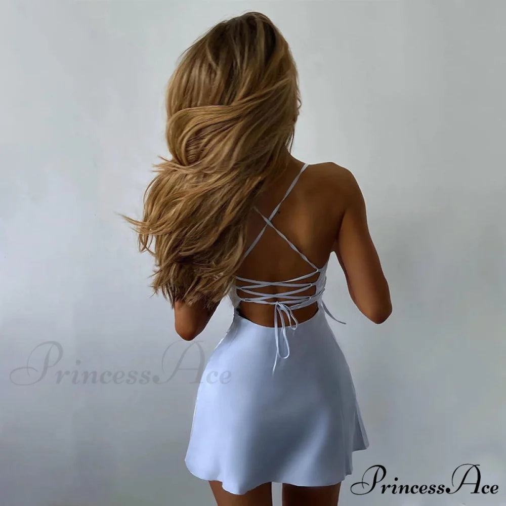 Pure Color Streetwear Party Ladies Ribbon Mini Dress with Lace Up Straps