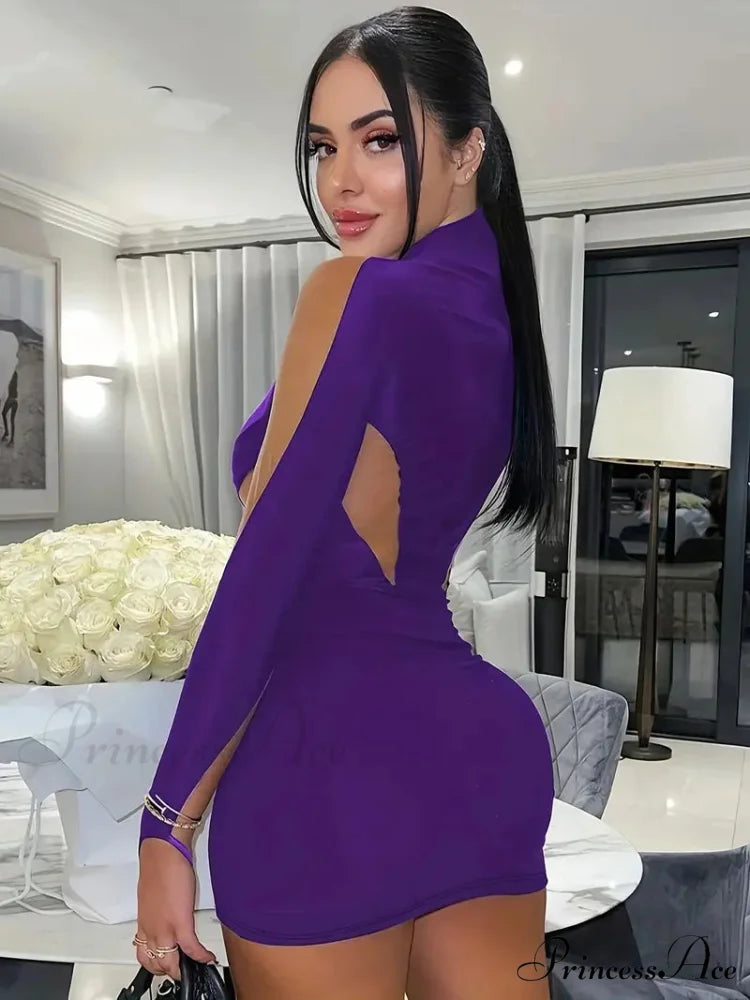 Purple Asymmetrical Cut-Out Mini Dress M / Black