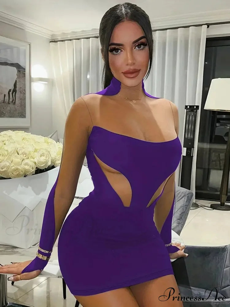 Purple Asymmetrical Cut-Out Mini Dress S / Black