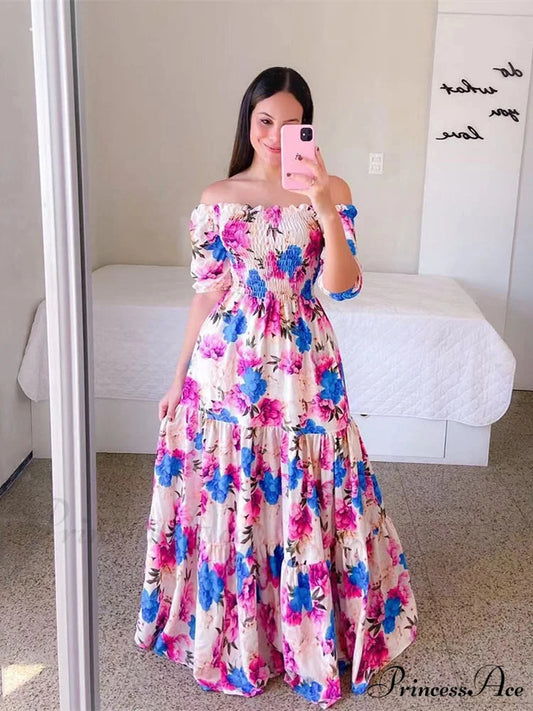 Purple Floral Short Sleeve Maxi Beach Dress