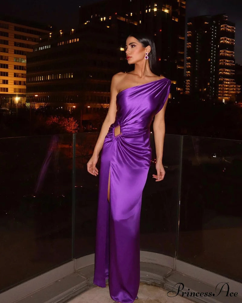 Purple One Shoulder Satin Graceful Hollow Cut Maxi Dress Purple / M