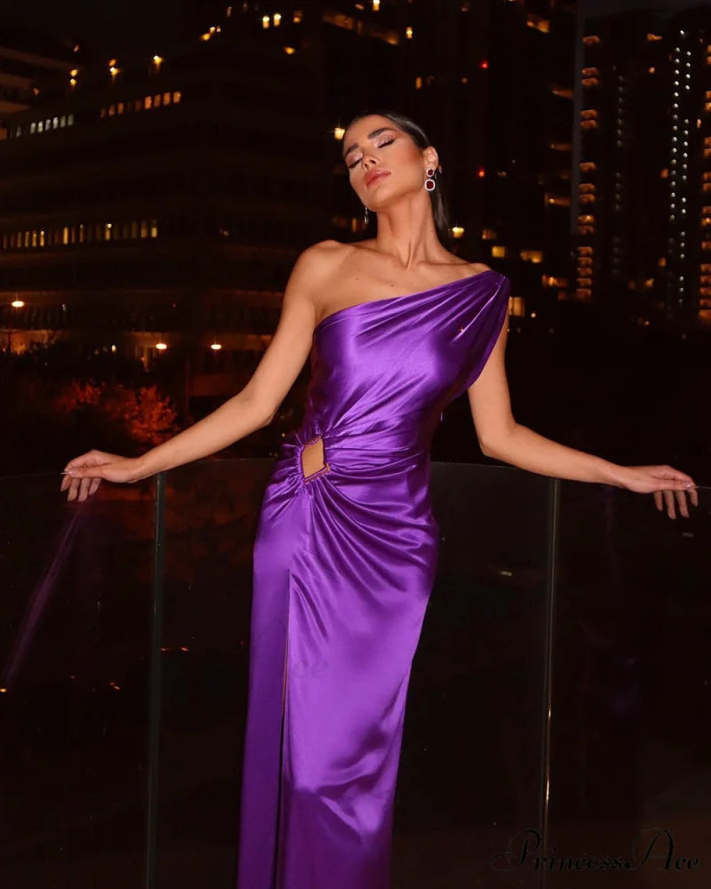 Purple One Shoulder Satin Graceful Hollow Cut Maxi Dress Purple / S