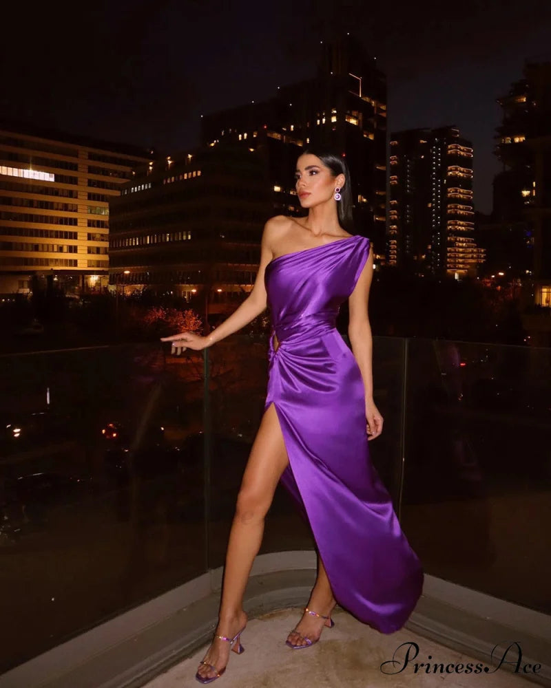 Purple One Shoulder Satin Graceful Hollow Cut Maxi Dress Purple / XL