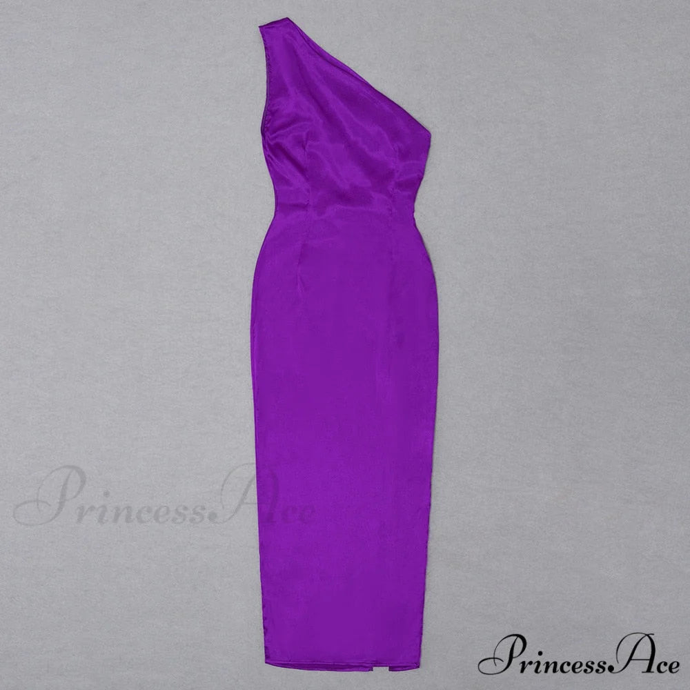 Purple One Shoulder Satin Graceful Hollow Cut Maxi Dress Purple / XXL