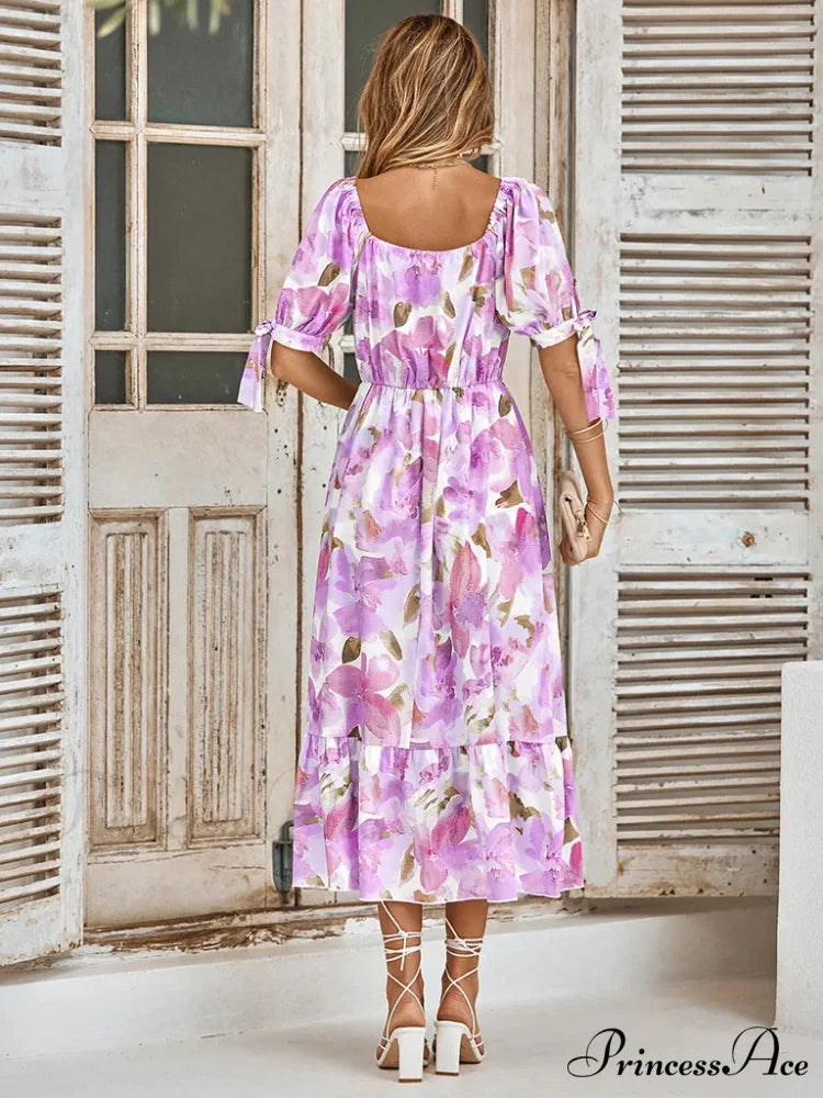 Purple Print Waist Puff Sleeve V-neck Maxi Dress