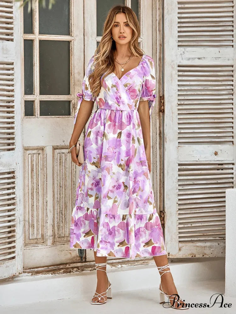 Purple Print Waist Puff Sleeve V-neck Maxi Dress