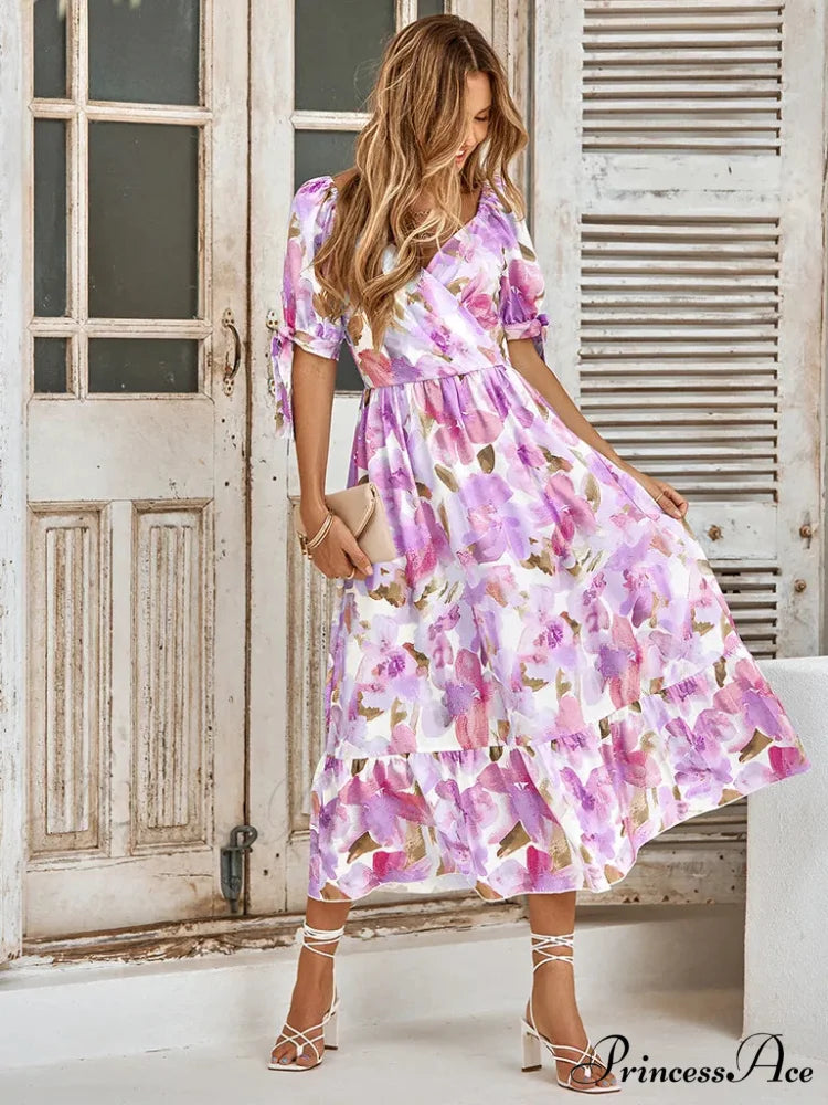Purple Print Waist Puff Sleeve V-neck Maxi Dress