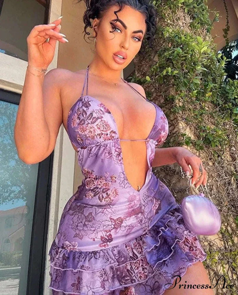 Purple Printed Deep Neck Graceful Frill Mini Strap Dress
