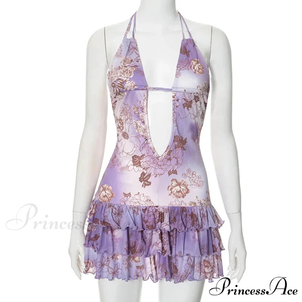 Purple Printed Deep Neck Graceful Frill Mini Strap Dress