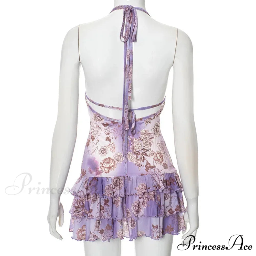 Purple Printed Deep Neck Graceful Frill Mini Strap Dress