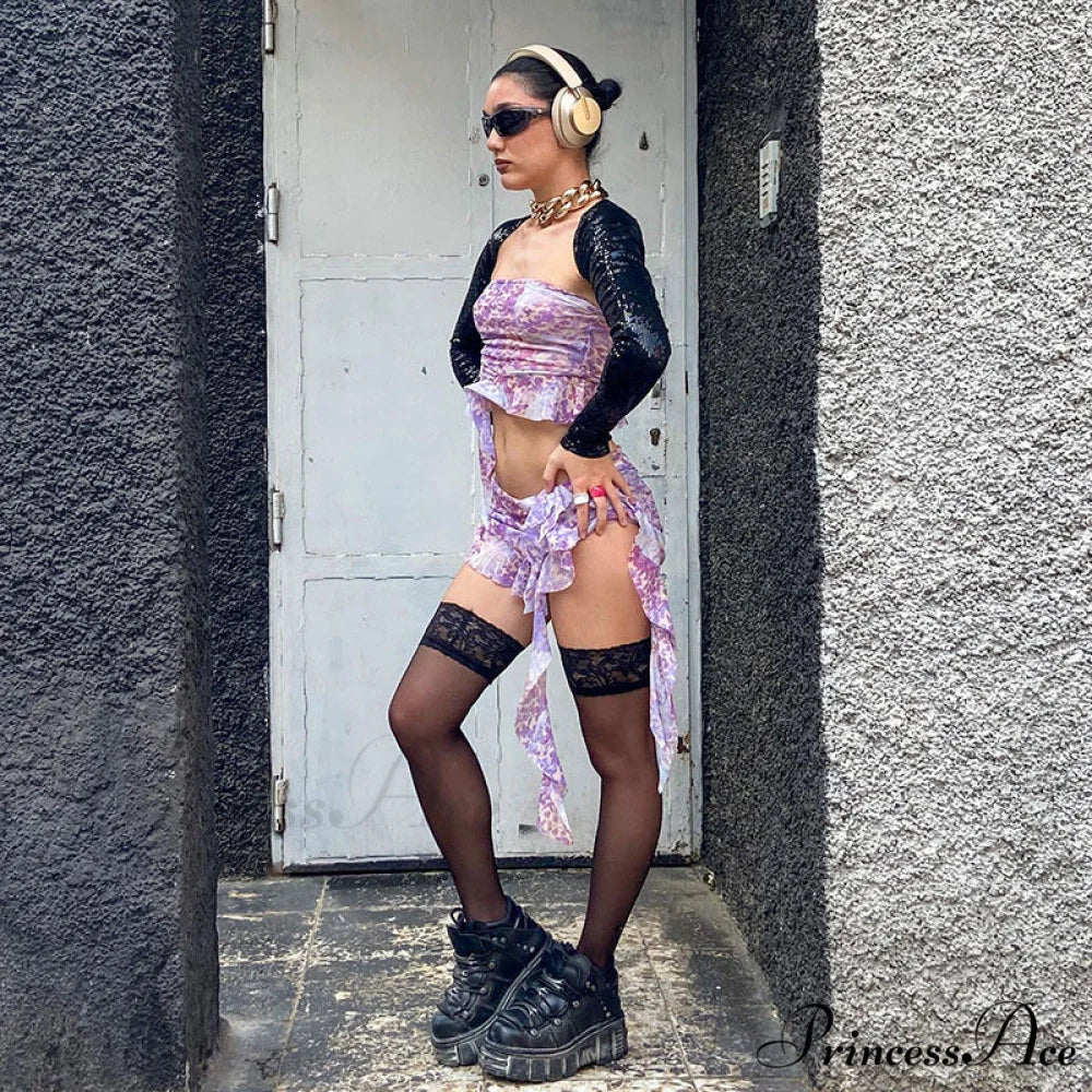 Purple Printed Frill Tube Top Trendy And Mini Skirt Two Piece Set