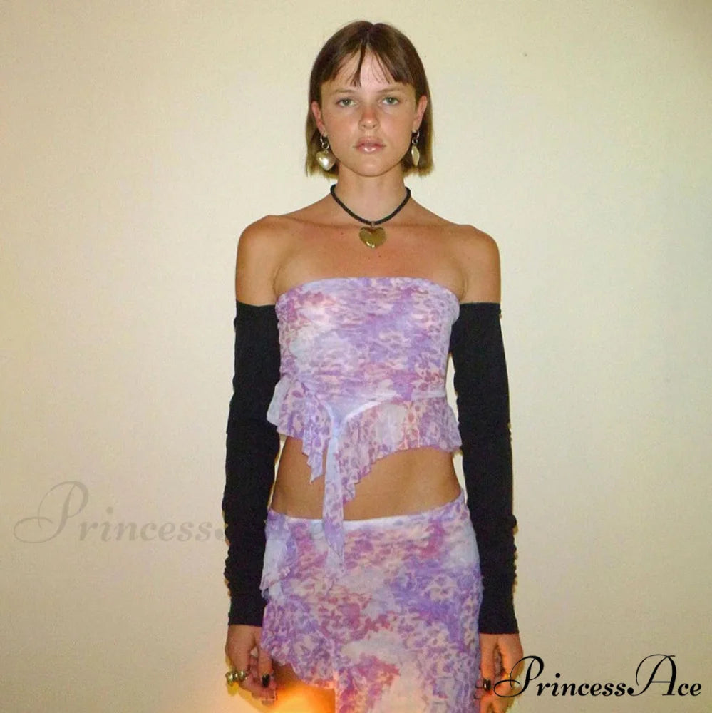 Purple Printed Frill Tube Top Trendy And Mini Skirt Two Piece Set