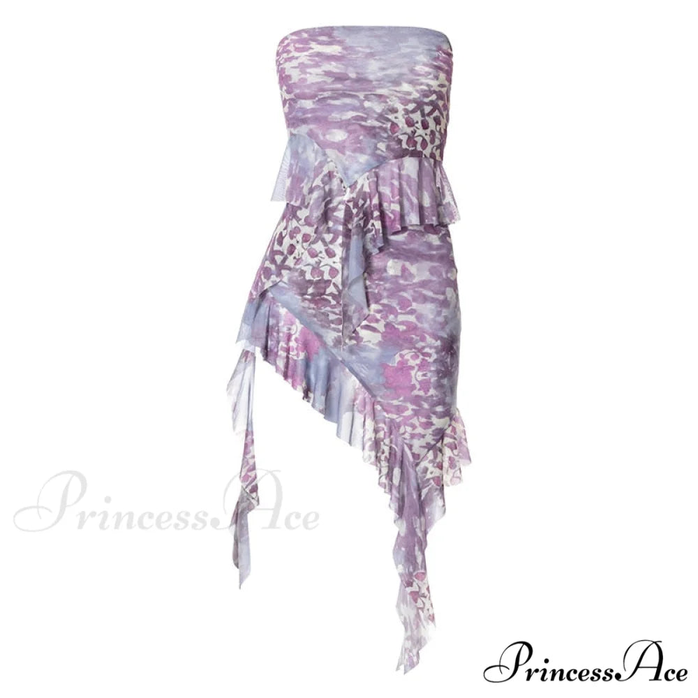 Purple Printed Frill Tube Top Trendy And Mini Skirt Two Piece Set S