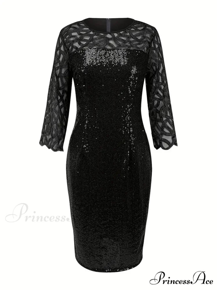 Purple Sequin Bodycon Mesh Dress with Long Sleeves M / Black