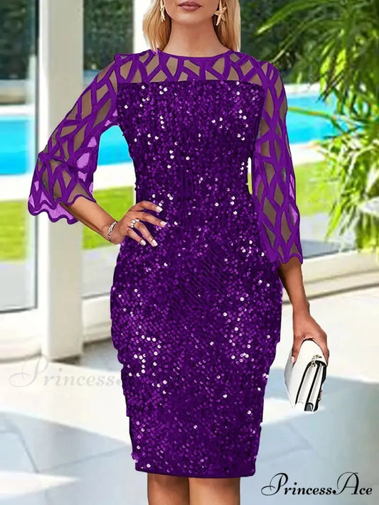 Purple Sequin Bodycon Mesh Dress with Long Sleeves S / Gold