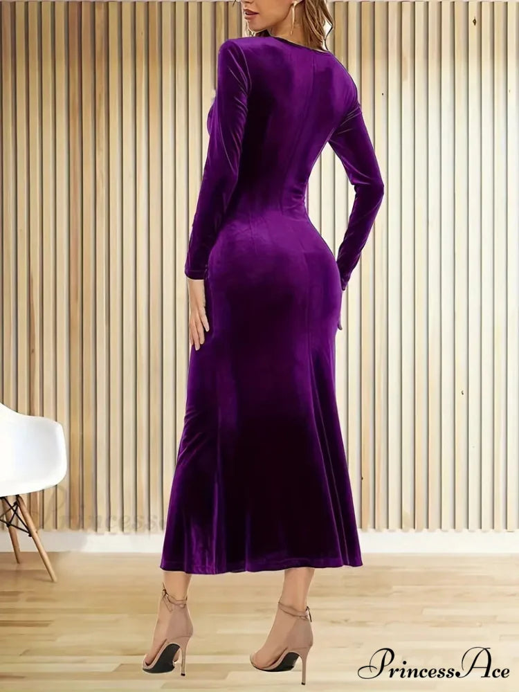 Purple Velvet Long Sleeve V-Neck Wrap Dress M / Blue