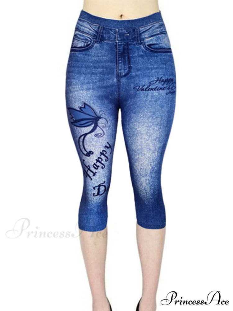 Push Up Flower Printed Capri Pants Blue butterfly / XS