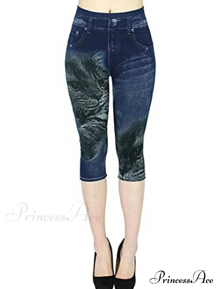Push Up Flower Printed Capri Pants Blue Cat / XS