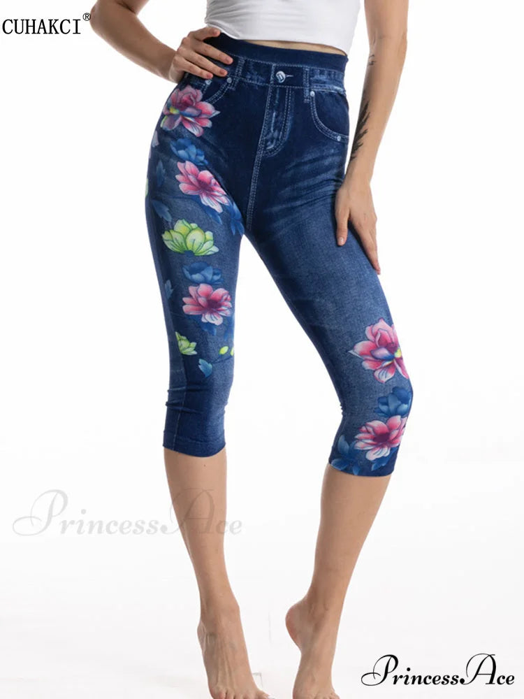 Push Up Flower Printed Capri Pants Blue colorful flower / XS