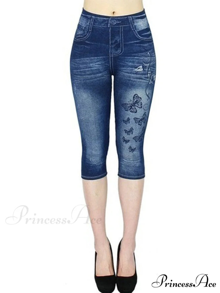 Push Up Flower Printed Capri Pants Dark Blue / XS