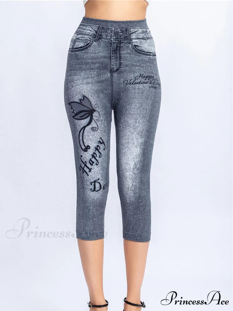 Push Up Flower Printed Capri Pants Gray butterfly / XS