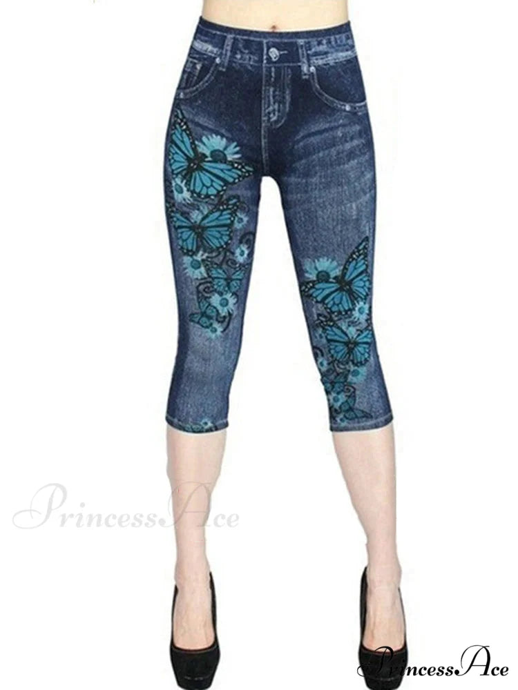 Push Up Flower Printed Capri Pants Navy Blue / XS