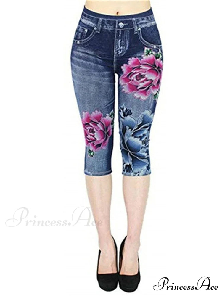 Push Up Flower Printed Capri Pants Red blue flowers / XS