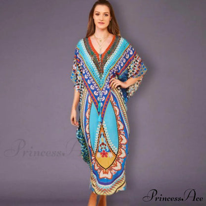 Quick-drying Bohemian Printed Loose Beach Dress blue / One Size