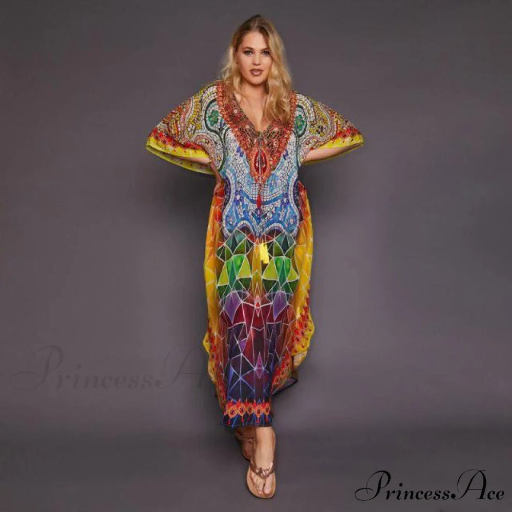 Quick-drying Bohemian Printed Loose Beach Dress colorful 1 / One Size