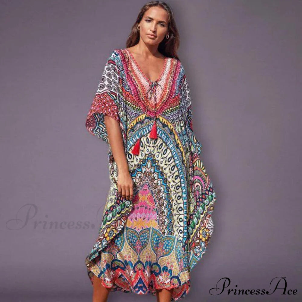 Quick-drying Bohemian Printed Loose Beach Dress colorful / One Size
