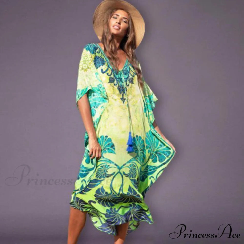 Quick-drying Bohemian Printed Loose Beach Dress green / One Size