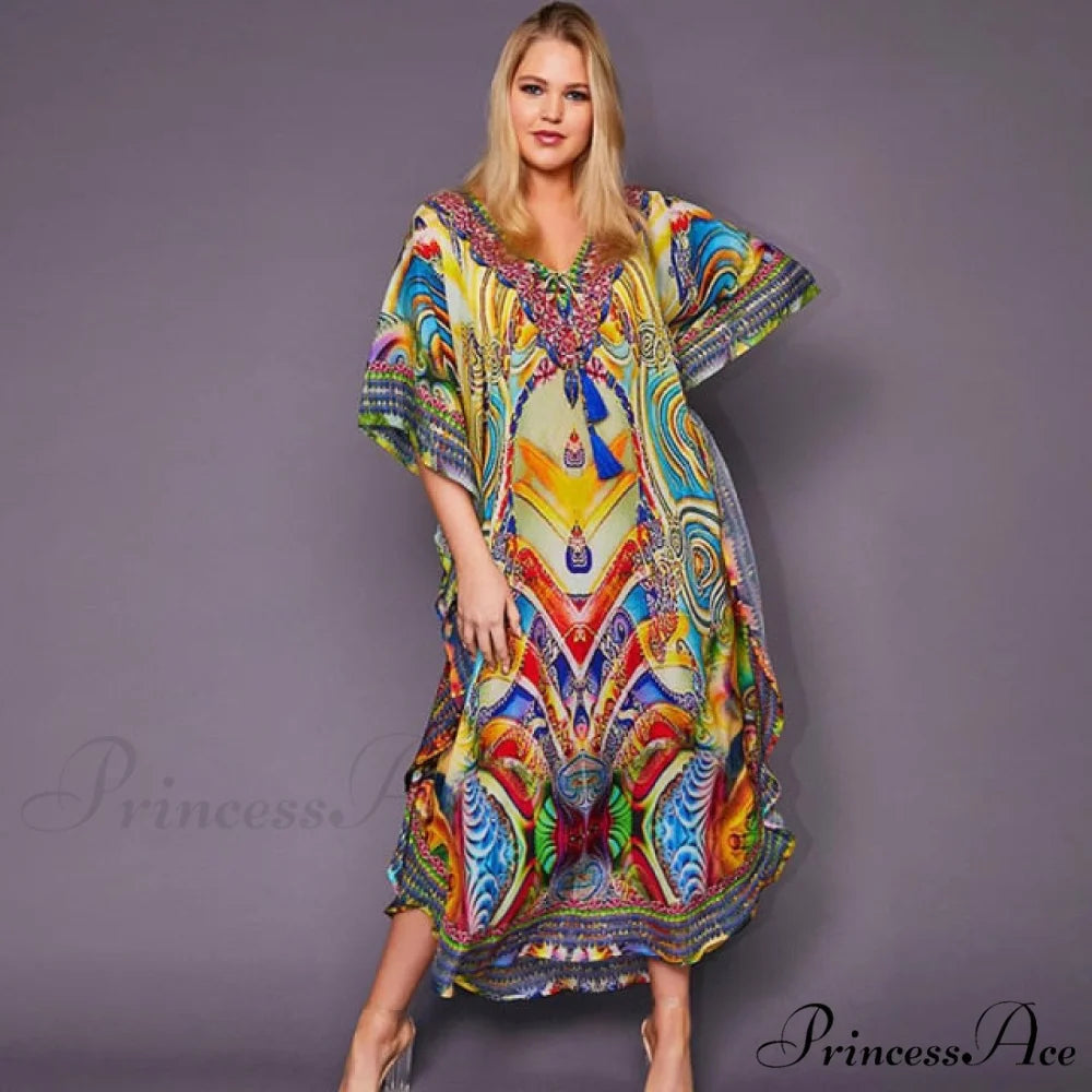 Quick-drying Bohemian Printed Loose Beach Dress yellow 1 / One Size