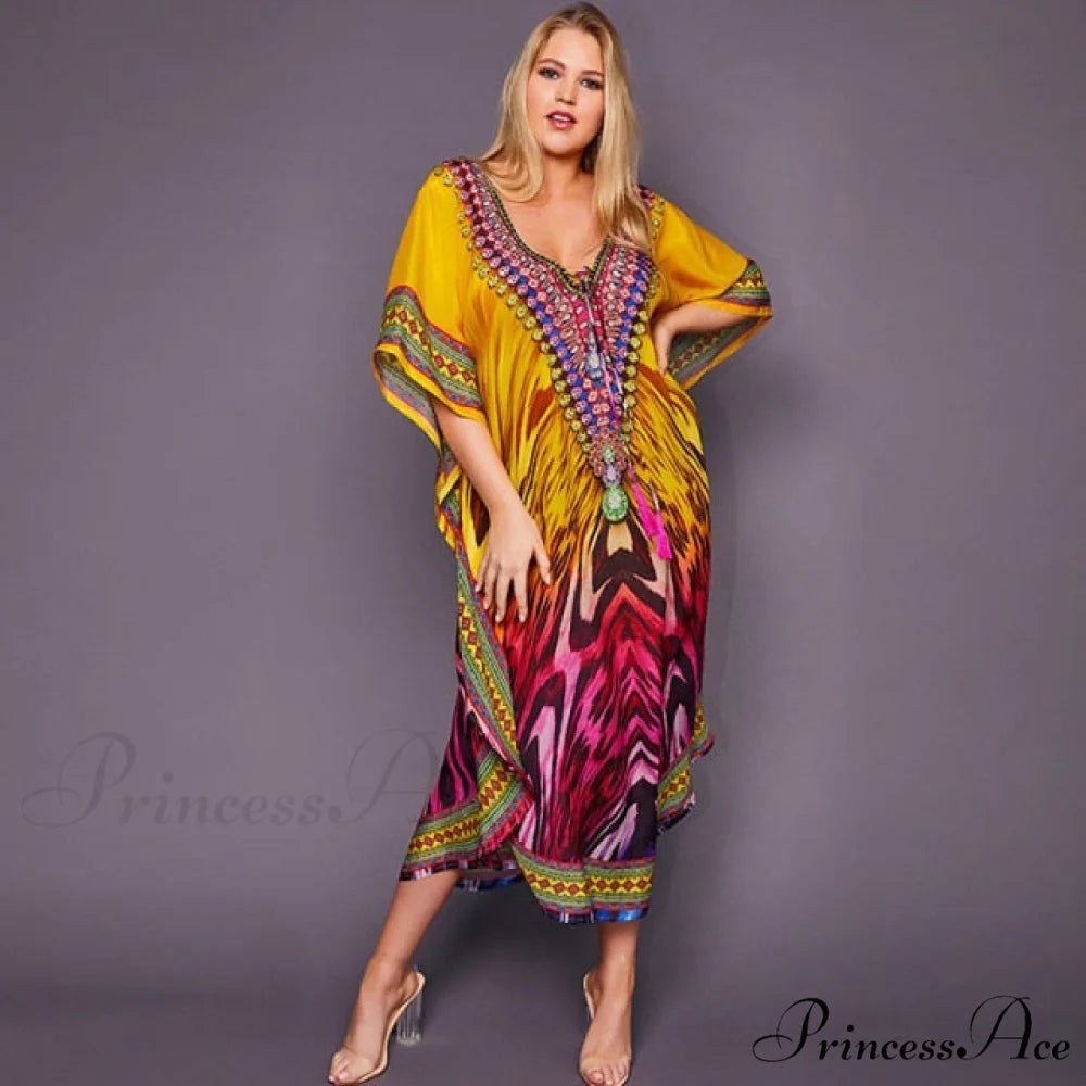 Quick-drying Bohemian Printed Loose Beach Dress yellow / One Size