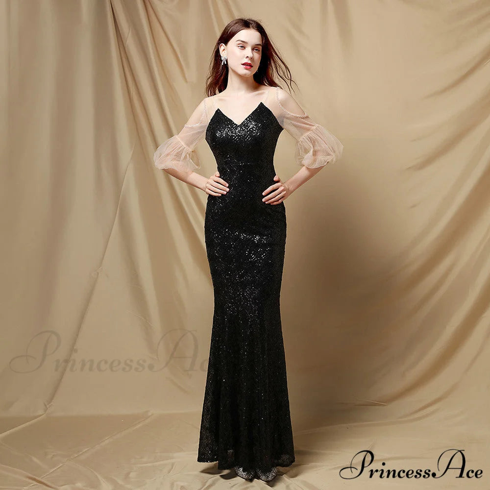 Quinn Sequin Scroll Charming Puff Sleeve Dress BLACK / S