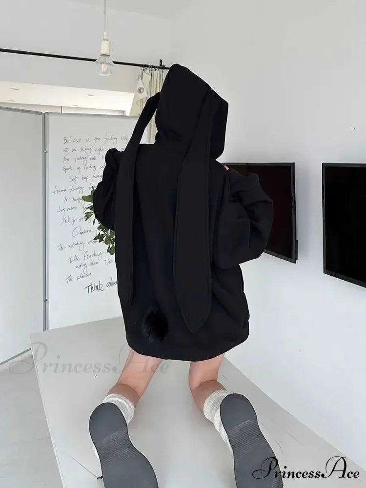Rabbit Female Ears Hoodie black long / S hoodies-241228