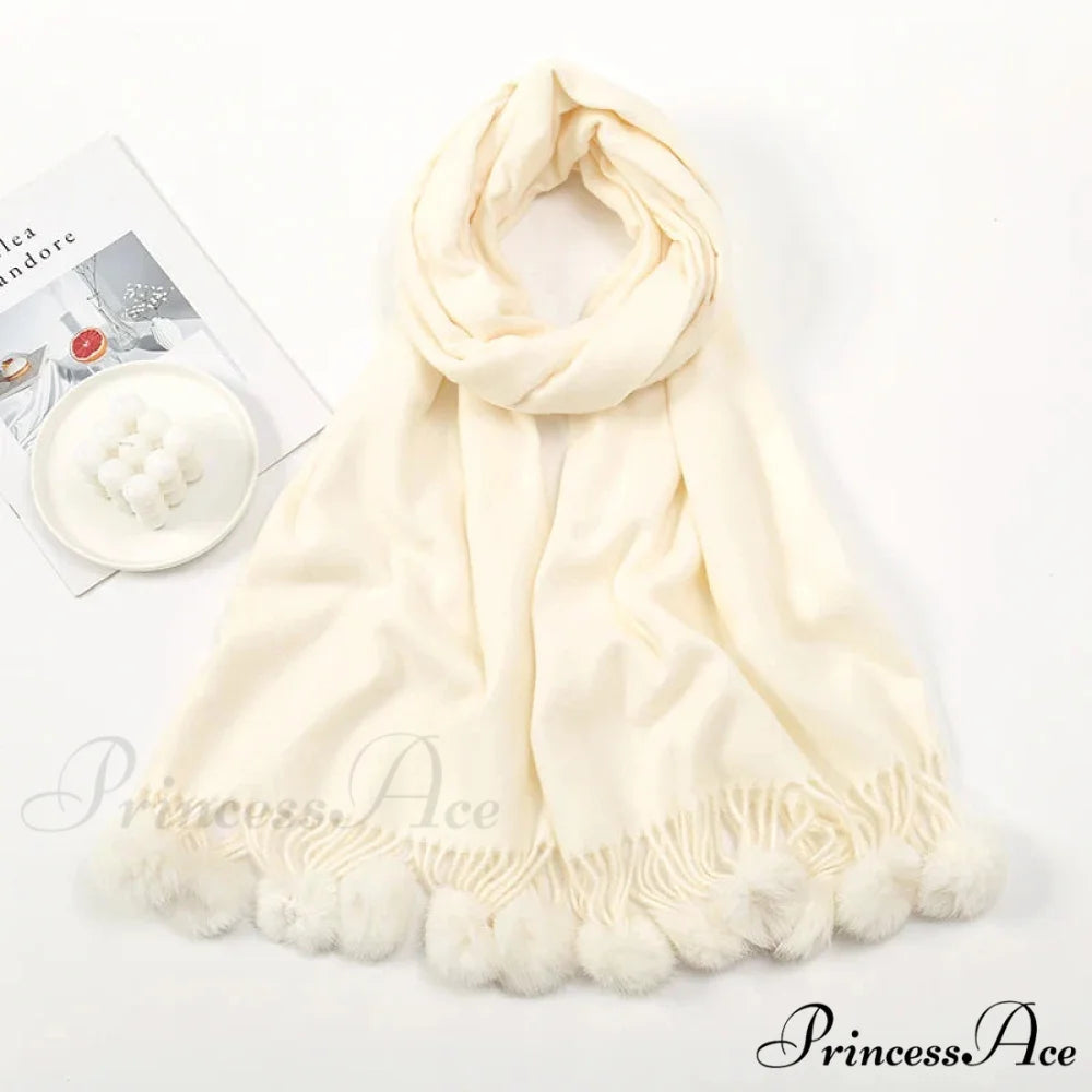 Rabbit Fur Ball Cashmere Pompom Oversize Blanket Scarf for Women APRICOT