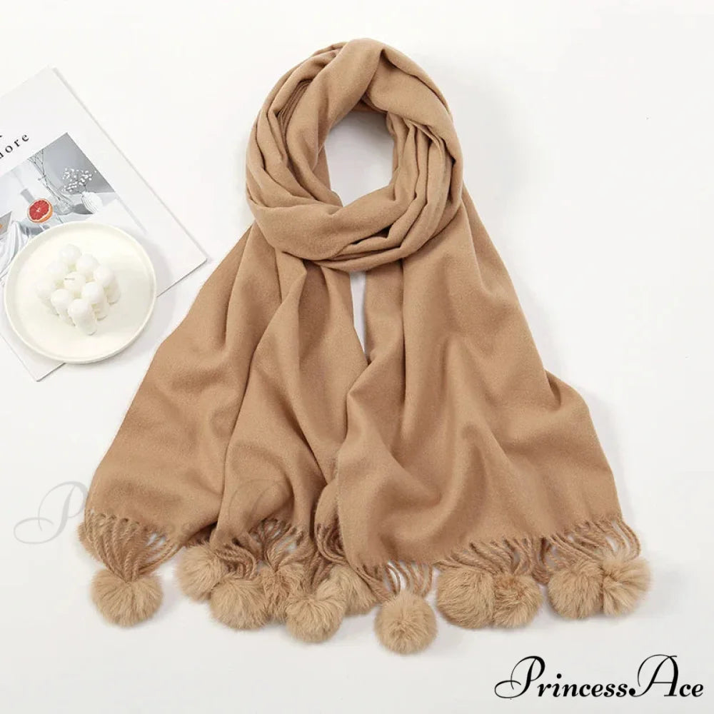 Rabbit Fur Ball Cashmere Pompom Oversize Blanket Scarf for Women CAMLE