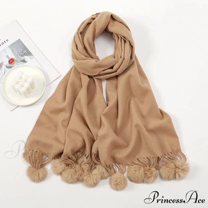 Rabbit Fur Ball Cashmere Pompom Oversize Blanket Scarf for Women CAMLE